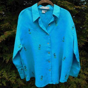 Norm Thompson Linen Buttondown with Embroidered Peacocks